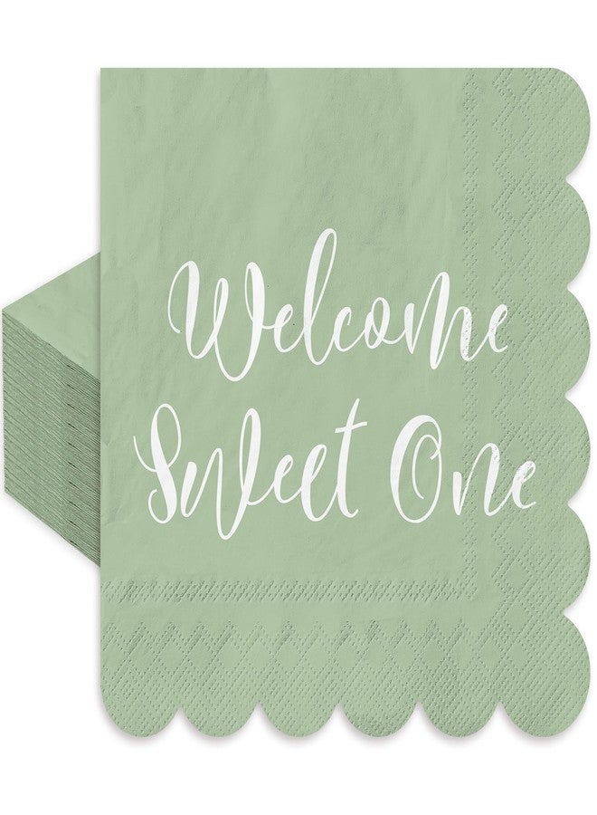 JarThenaAMCS 50Pcs Baby Shower Cocktail Napkin Sage Green Scalloped Disposable Paper Napkin Welcome Sweet One Beverage Napkins for Party Drink Table Decor - Image 1